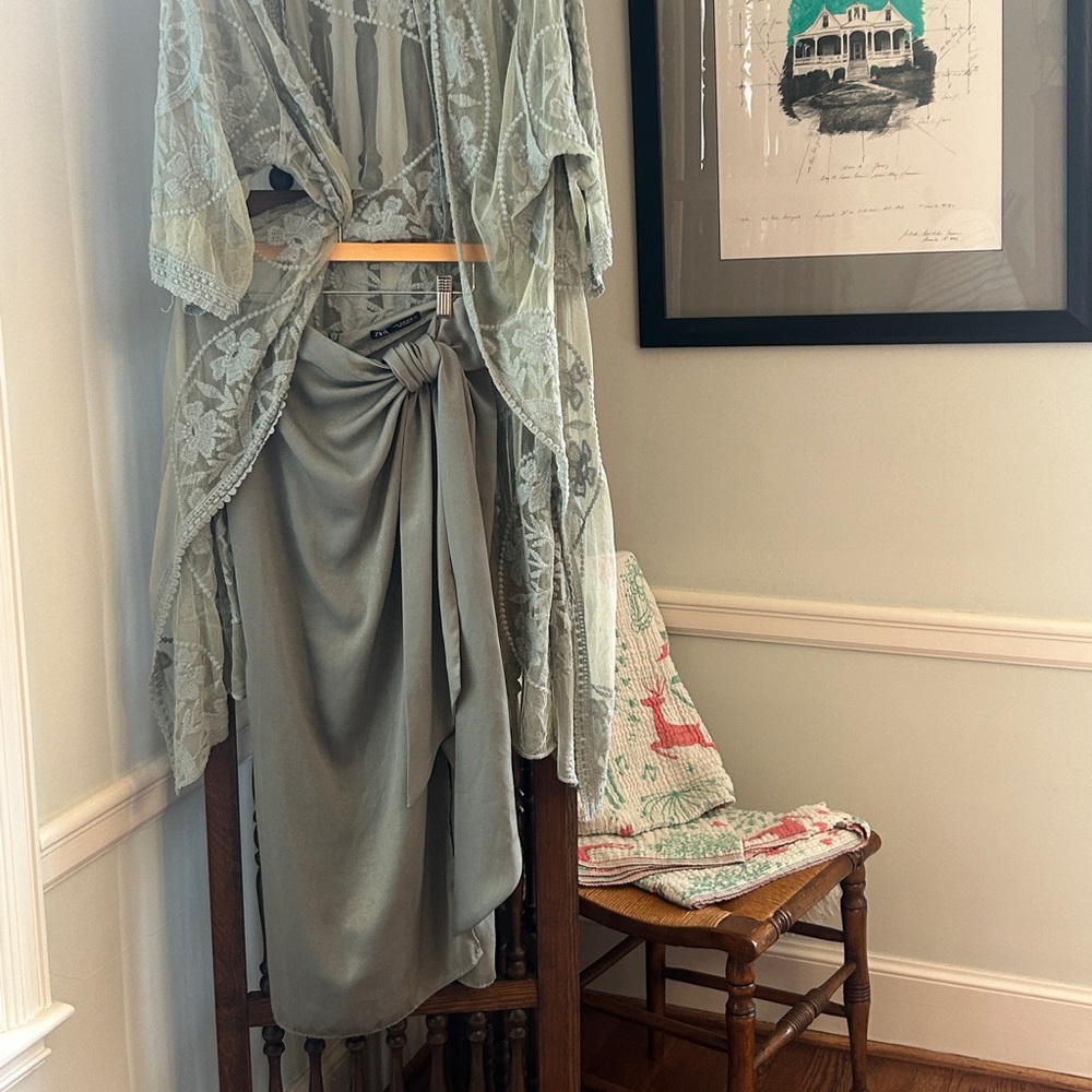 Zara Sage Green Asymmetrical Tie-Waist Skirt